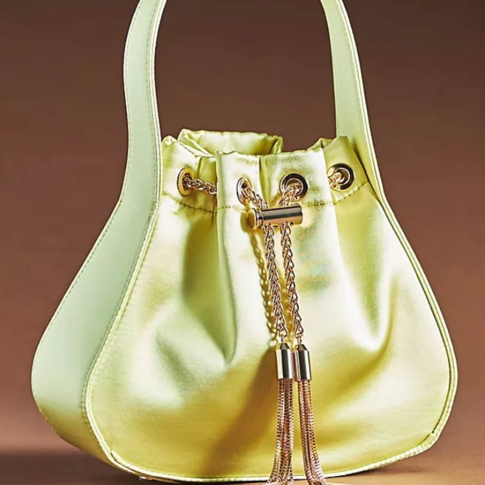 Anthropologie Satin Lime Drawstring Satchel with Gold Hardware